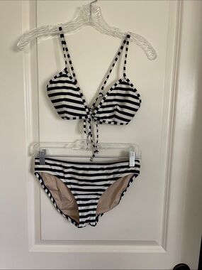Striped Navy and off-white bikini.  Top size Medium and bottoms size Small